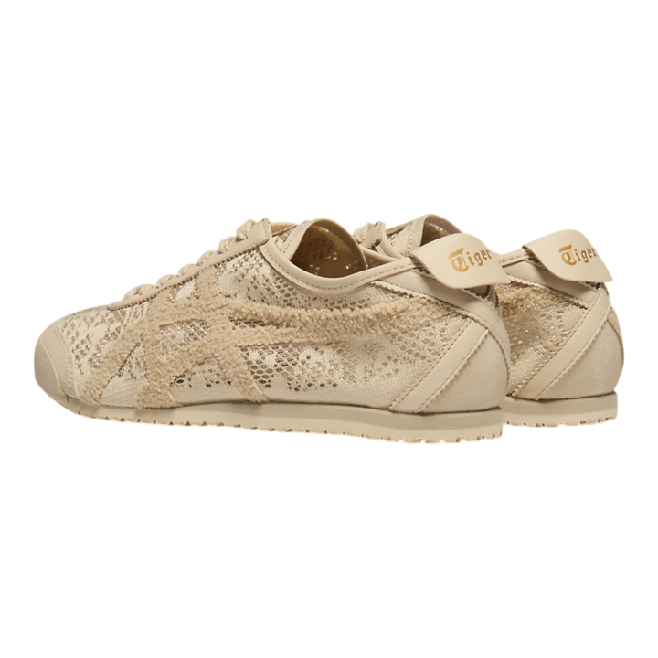Onitsuka Tiger Mexico 66 Jacquard Mesh beige sneakers with lace-like mesh upper and paisley pattern detail.