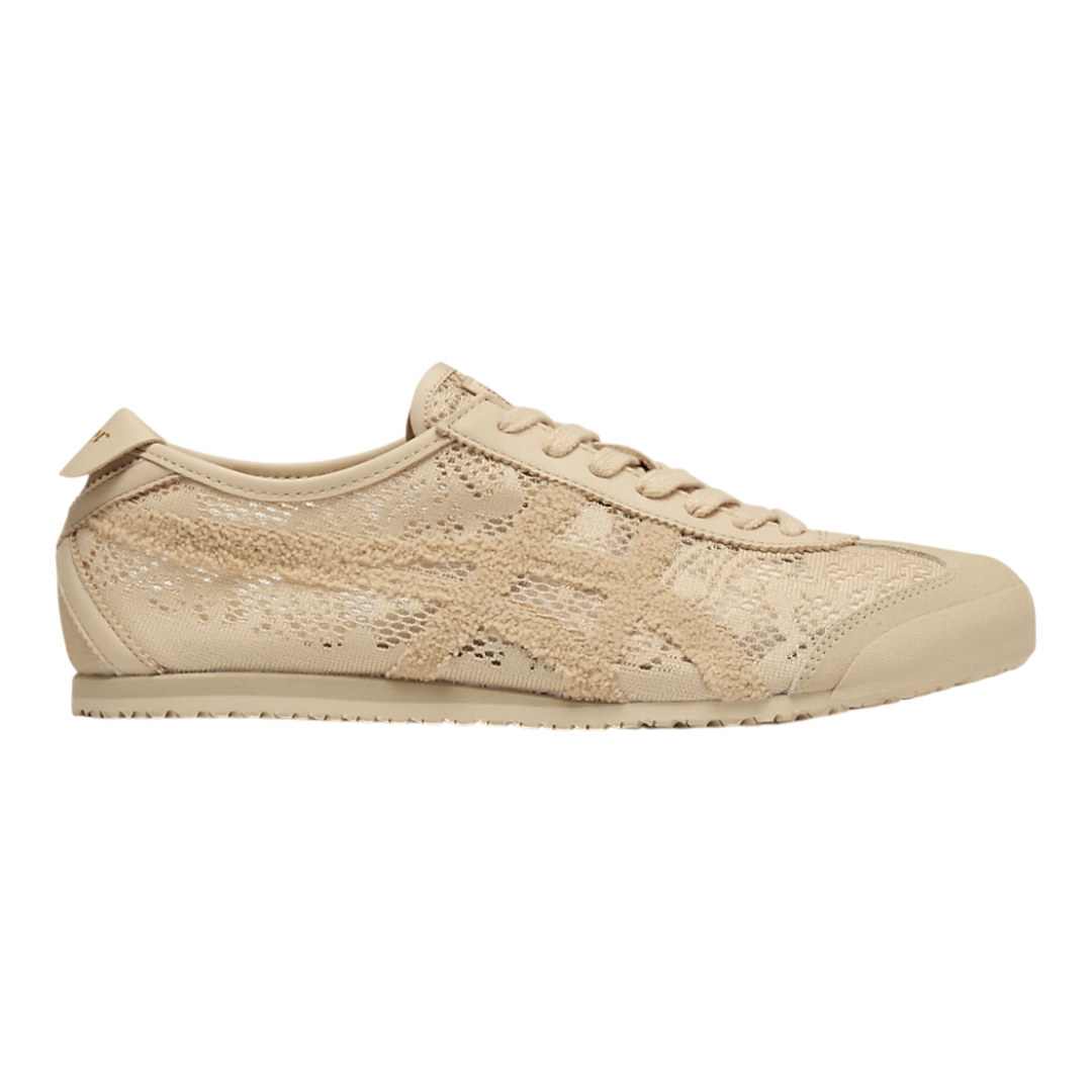 Onitsuka Tiger Mexico 66 Jacquard Mesh beige sneakers with lace-like mesh upper and paisley pattern detail.