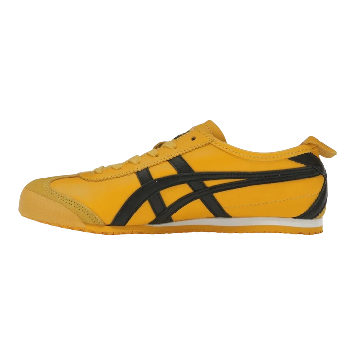HypeSelection Onitsuka Tiger Mexico 66 Kill Bill yellow and black leather sneakers with signature stripes.