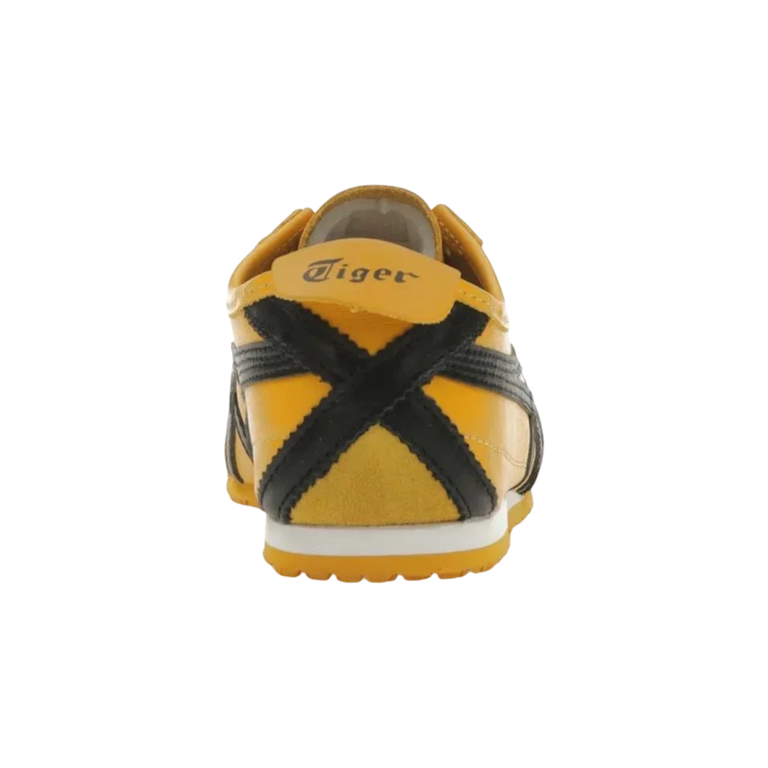HypeSelection Onitsuka Tiger Mexico 66 Kill Bill yellow and black leather sneakers, low-profile design with signature stripes.