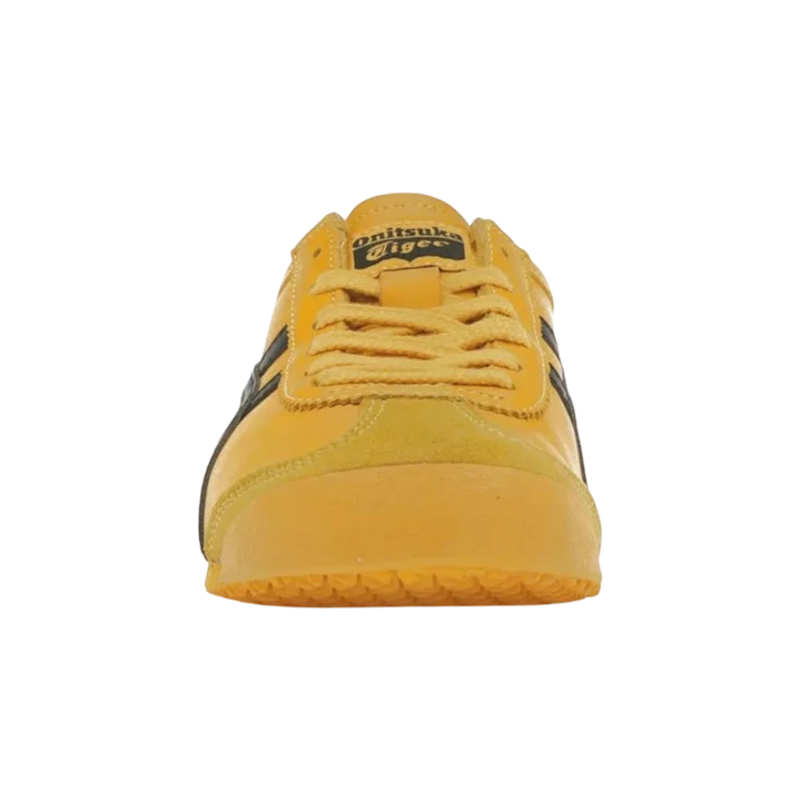 Onitsuka Tiger Mexico 66 Kill Bill yellow and black leather sneakers with signature stripes.