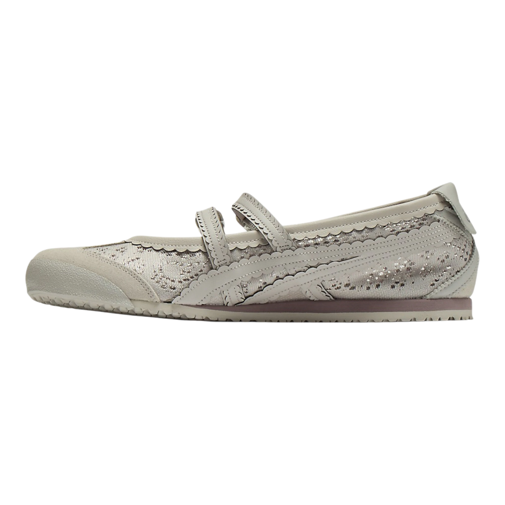 HypeSelection Onitsuka Tiger Mexico 66 TGRS ballet-style sneaker in oyster grey with buckle strap and scalloped trim.