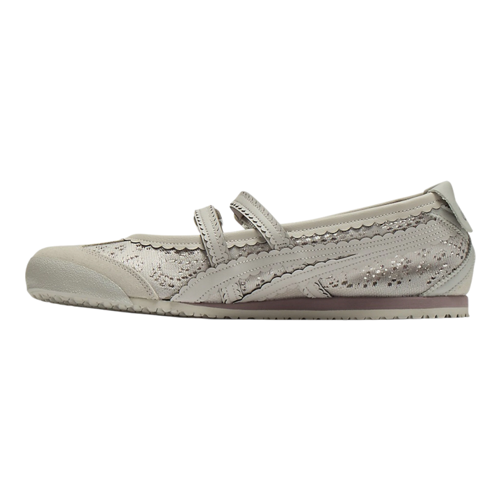 HypeSelection Onitsuka Tiger Mexico 66 TGRS ballet-style sneaker in oyster grey with buckle strap and scalloped trim.