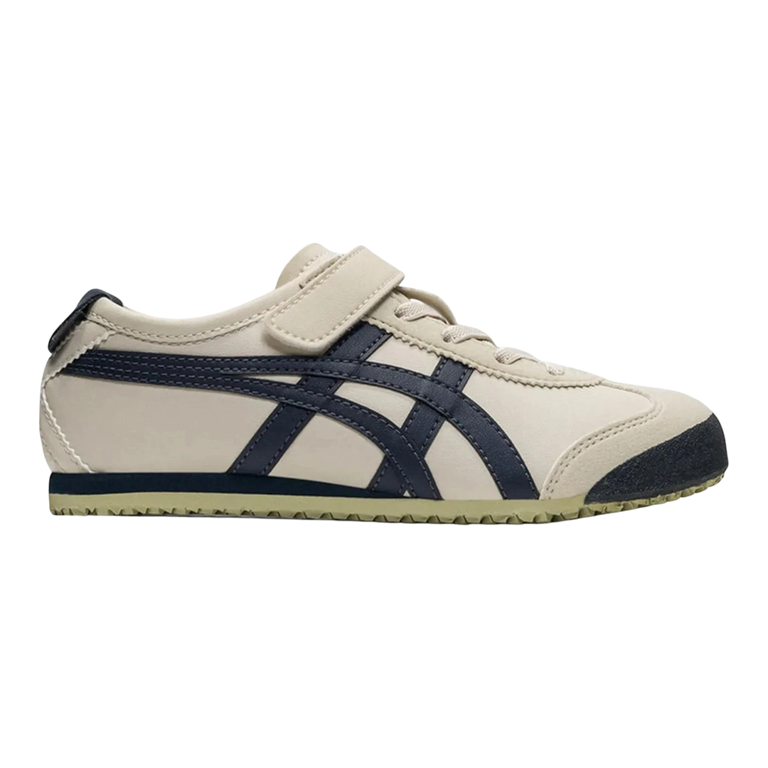 HypeSelection Onitsuka Tiger Mexico 66 PS sneakers in Birch cream with Indian Ink blue stripes and hook-and-loop closure.