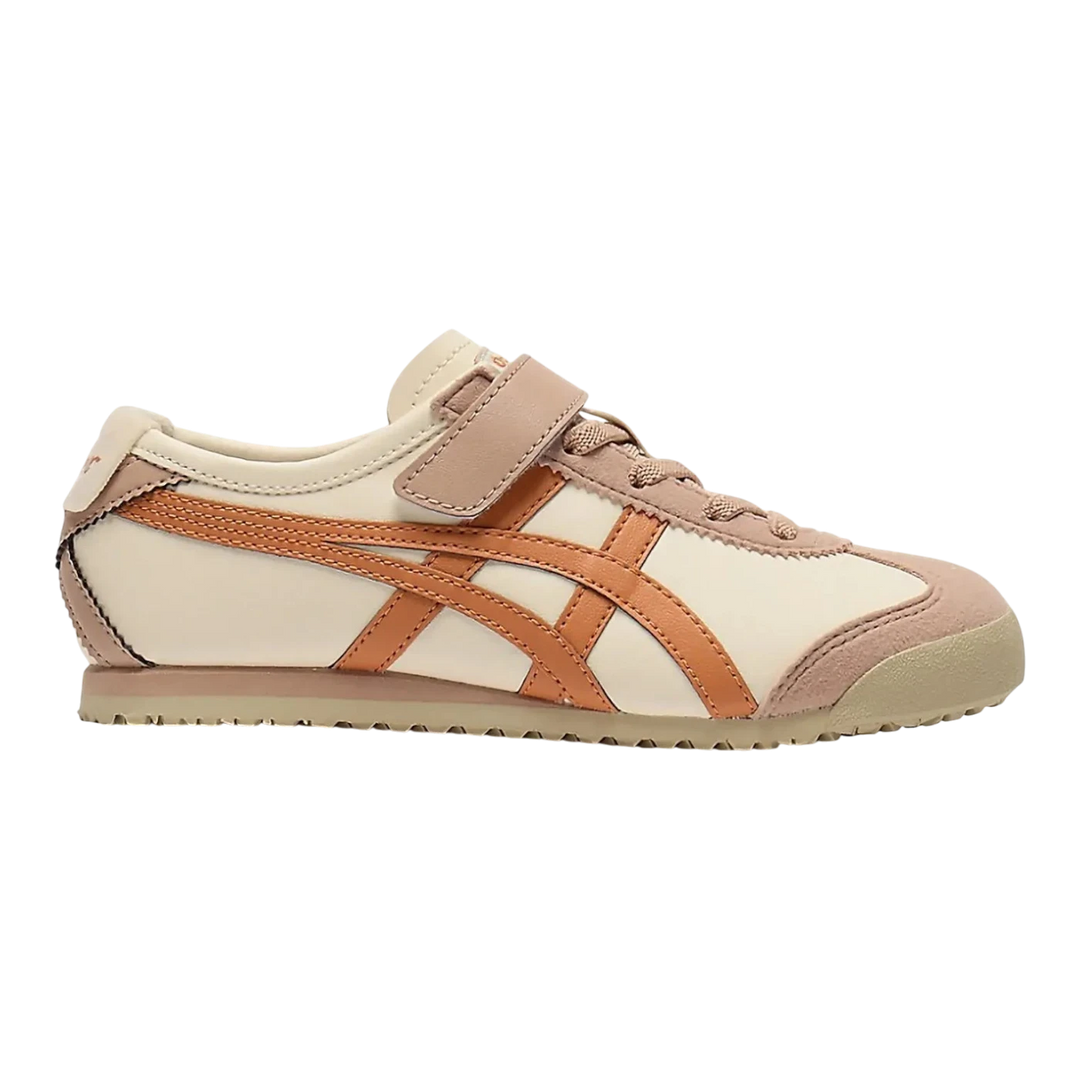 HypeSelection Onitsuka Tiger Mexico 66 PS sneakers in Birch and Rust Orange. Leather and synthetic upper with signature stripes and hook-and-loop strap.