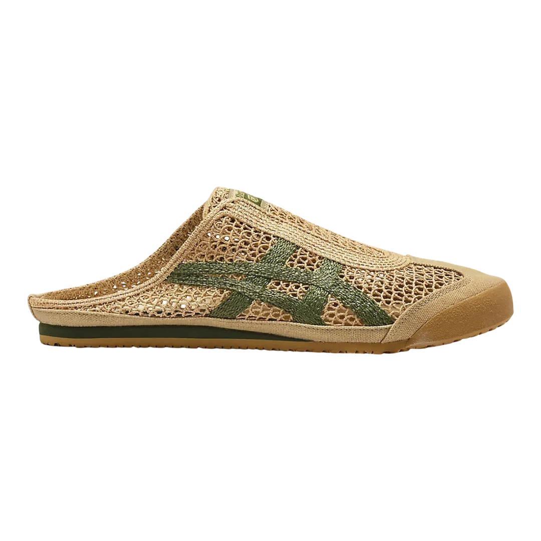 HypeSelection Onitsuka Tiger Mexico 66 Sabot beige mesh mule sneaker with green Tiger stripes and rubber sole.