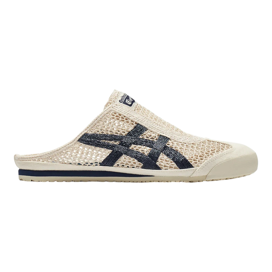 HypeSelection Onitsuka Tiger Mexico 66 Sabot in birch mesh with peacoat navy stripes. Mule style, slip-on sneaker.