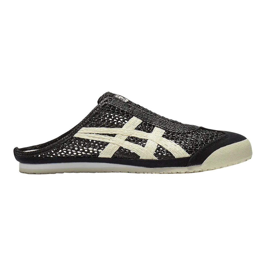 HypeSelection Onitsuka Tiger Mexico 66 Sabot in black with cream Tiger stripes. Mule-style sneaker with breathable mesh upper.