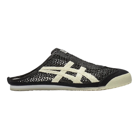 HypeSelection Onitsuka Tiger Mexico 66 Sabot in black with cream Tiger stripes. Mule-style sneaker with breathable mesh upper.