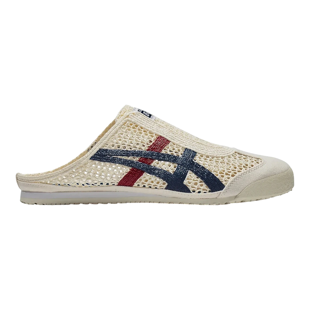 HypeSelection Onitsuka Tiger Mexico 66 Sabot in cream with Mako Blue Tiger stripes. Slip-on mule design with breathable mesh upper.