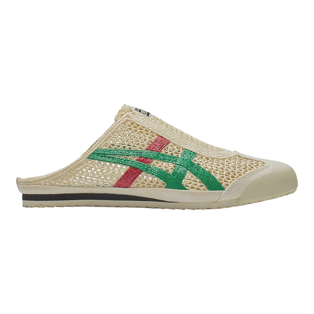 HypeSelection Onitsuka Tiger Mexico 66 Sabot in cream with green and pink stripes. Breathable mesh slip-on mule.