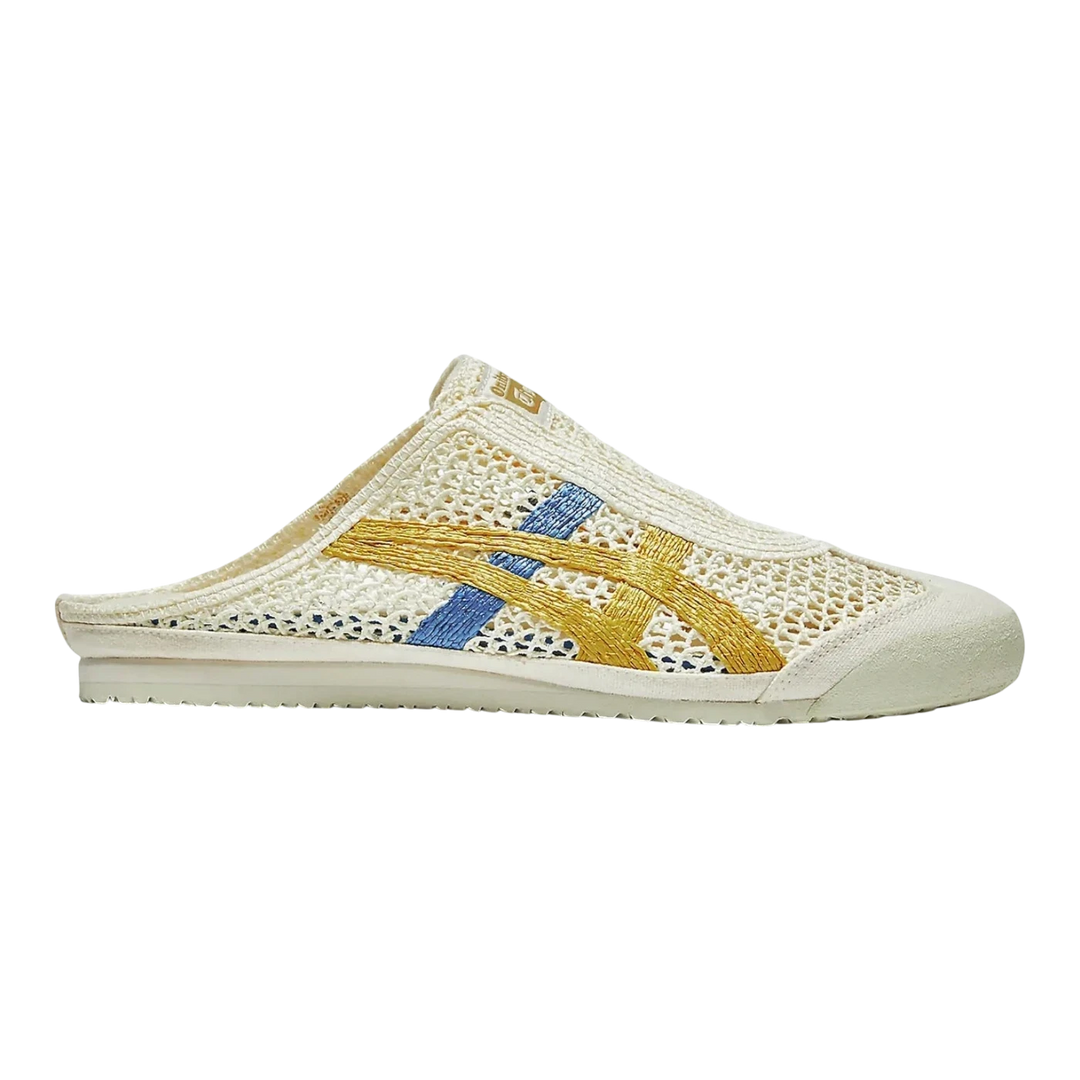 HypeSelection Onitsuka Tiger Mexico 66 Sabot in cream with mustard and blue stripes, slip-on mule design, breathable mesh upper.