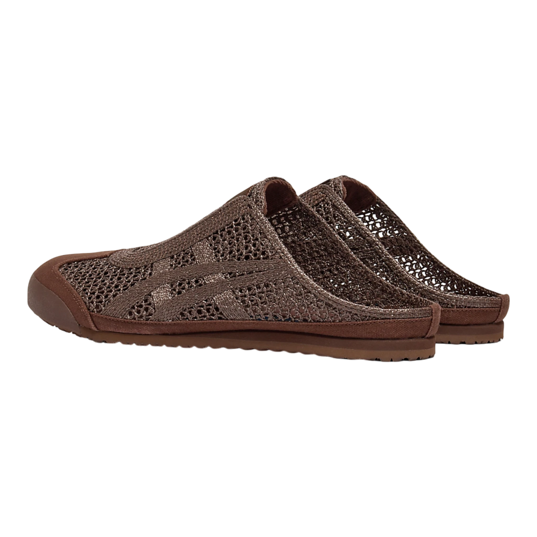HypeSelection Onitsuka Tiger Mexico 66 Sabot dark brown mesh slip-on mule shoes with signature stripes and rubber sole.