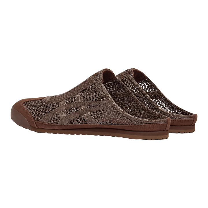 HypeSelection Onitsuka Tiger Mexico 66 Sabot dark brown mesh slip-on mule shoes with signature stripes and rubber sole.