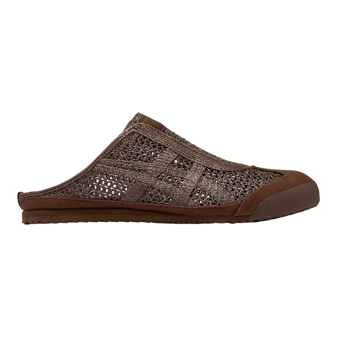 HypeSelection Onitsuka Tiger Mexico 66 Sabot dark brown mesh slip-on mule shoes with signature stripes and rubber sole.