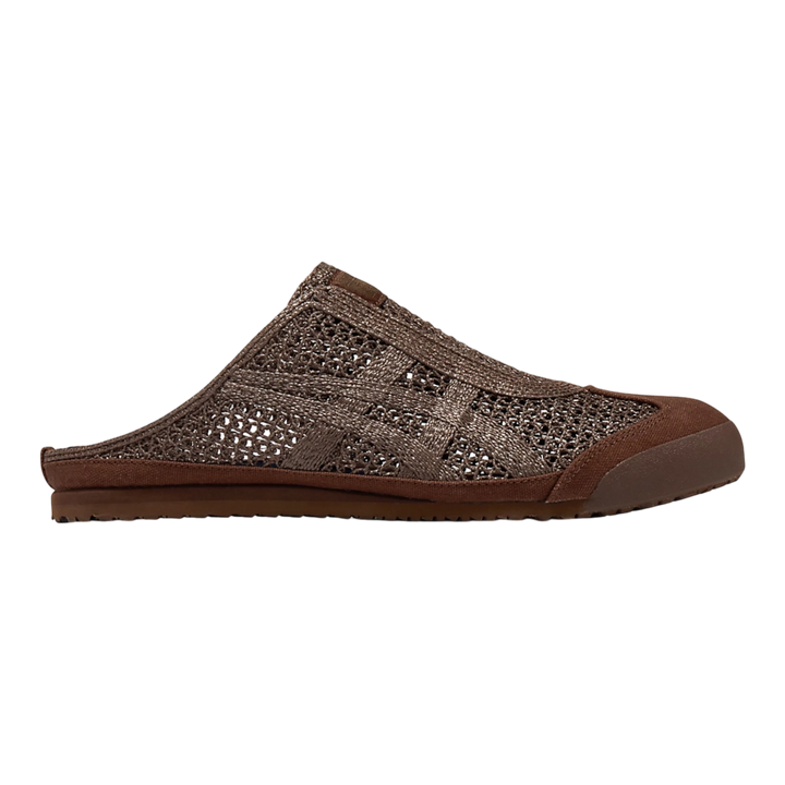 HypeSelection Onitsuka Tiger Mexico 66 Sabot dark brown mesh slip-on mule shoes with signature stripes and rubber sole.