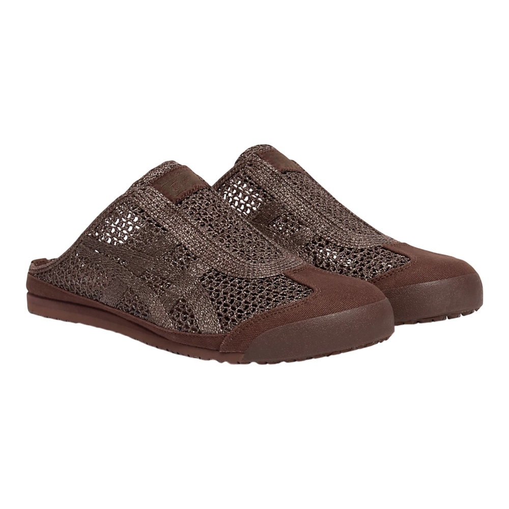 HypeSelection Onitsuka Tiger Mexico 66 Sabot dark brown mesh slip-on mule trainers with signature stripes.