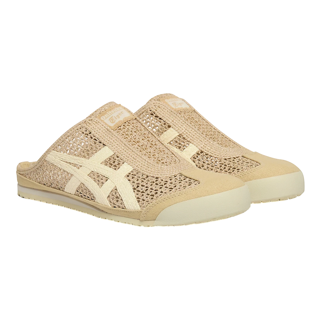 HypeSelection: Natural cream mesh Onitsuka Tiger Mexico 66 Sabot slip-on mule sneakers with cream stripes.