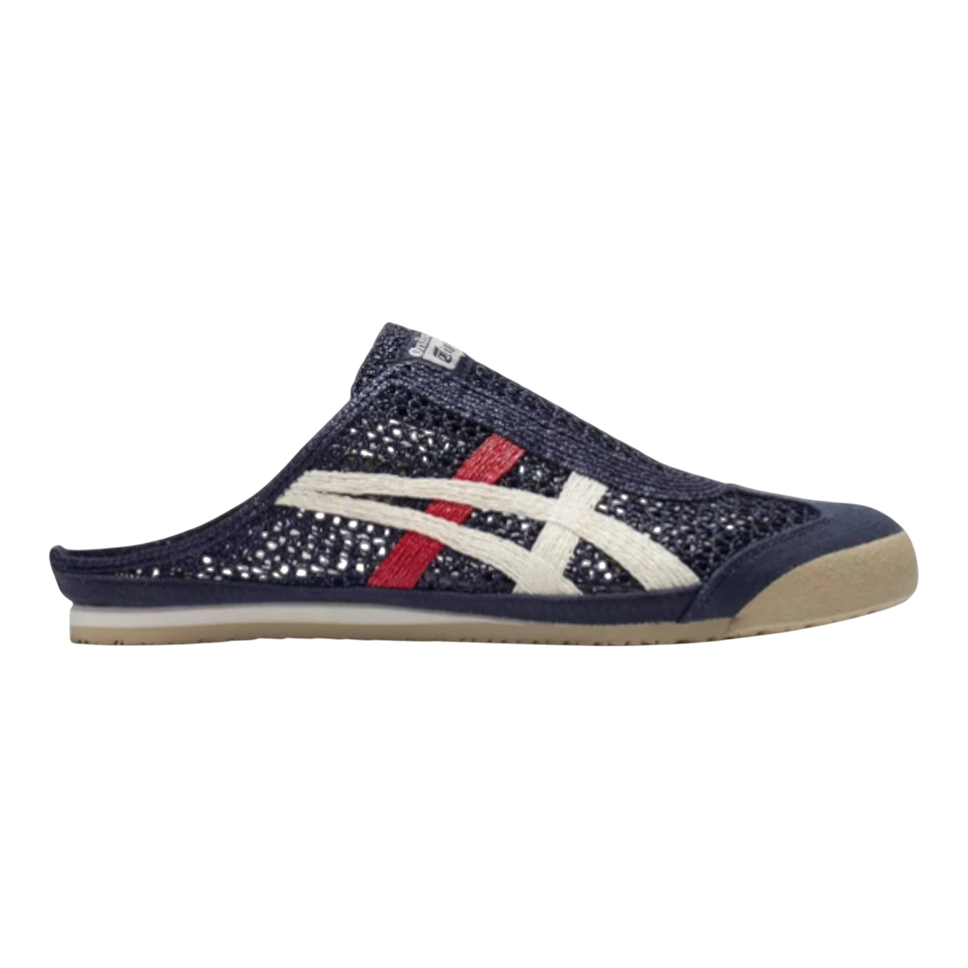 Onitsuka Tiger Mexico 66 Sabot mule in iron navy with white and red stripes, featuring a breathable mesh upper and rubber sole.