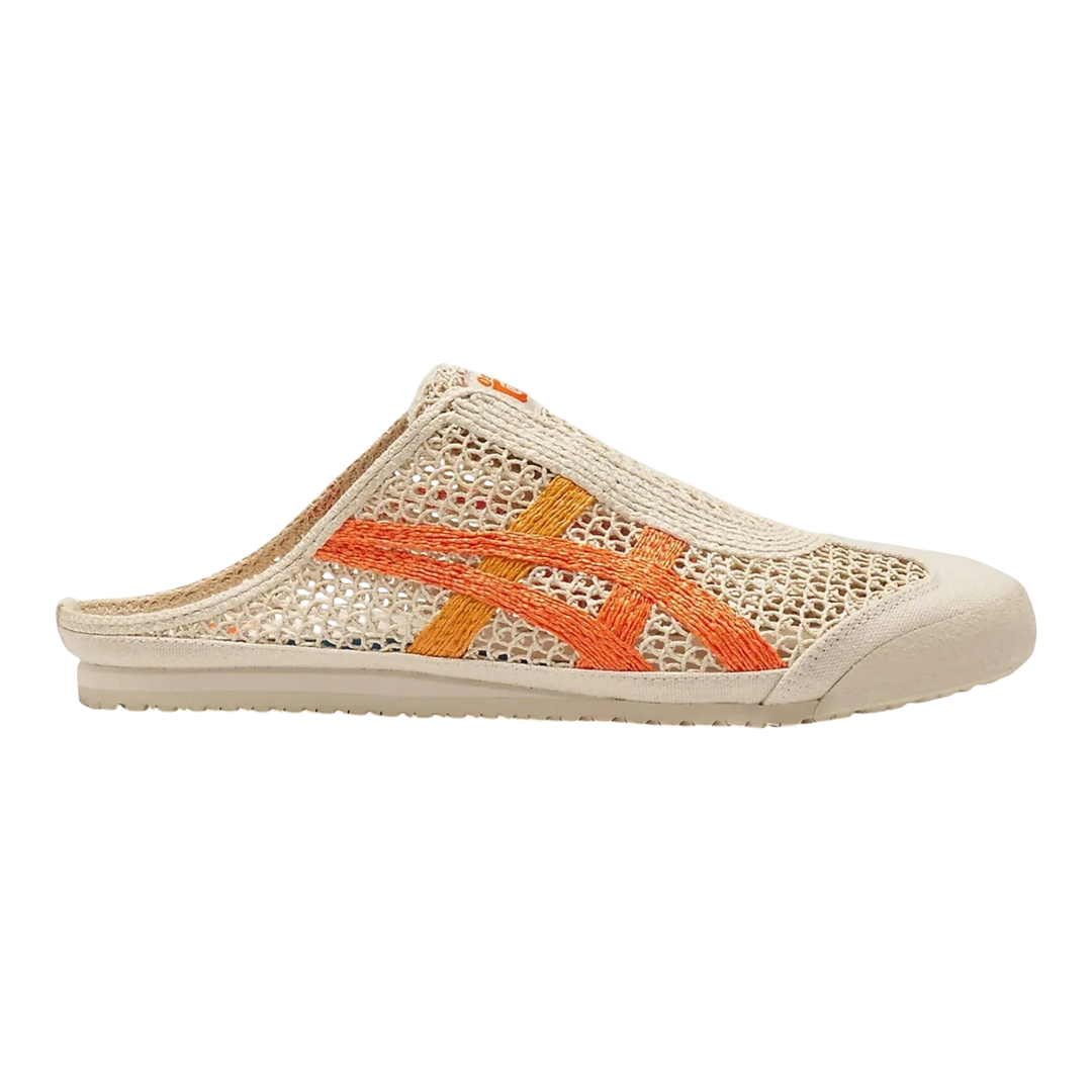 HypeSelection Onitsuka Tiger Mexico 66 Sabot in oatmeal and habanero orange. Slip-on mule design with breathable mesh upper and iconic Tiger Stripes.