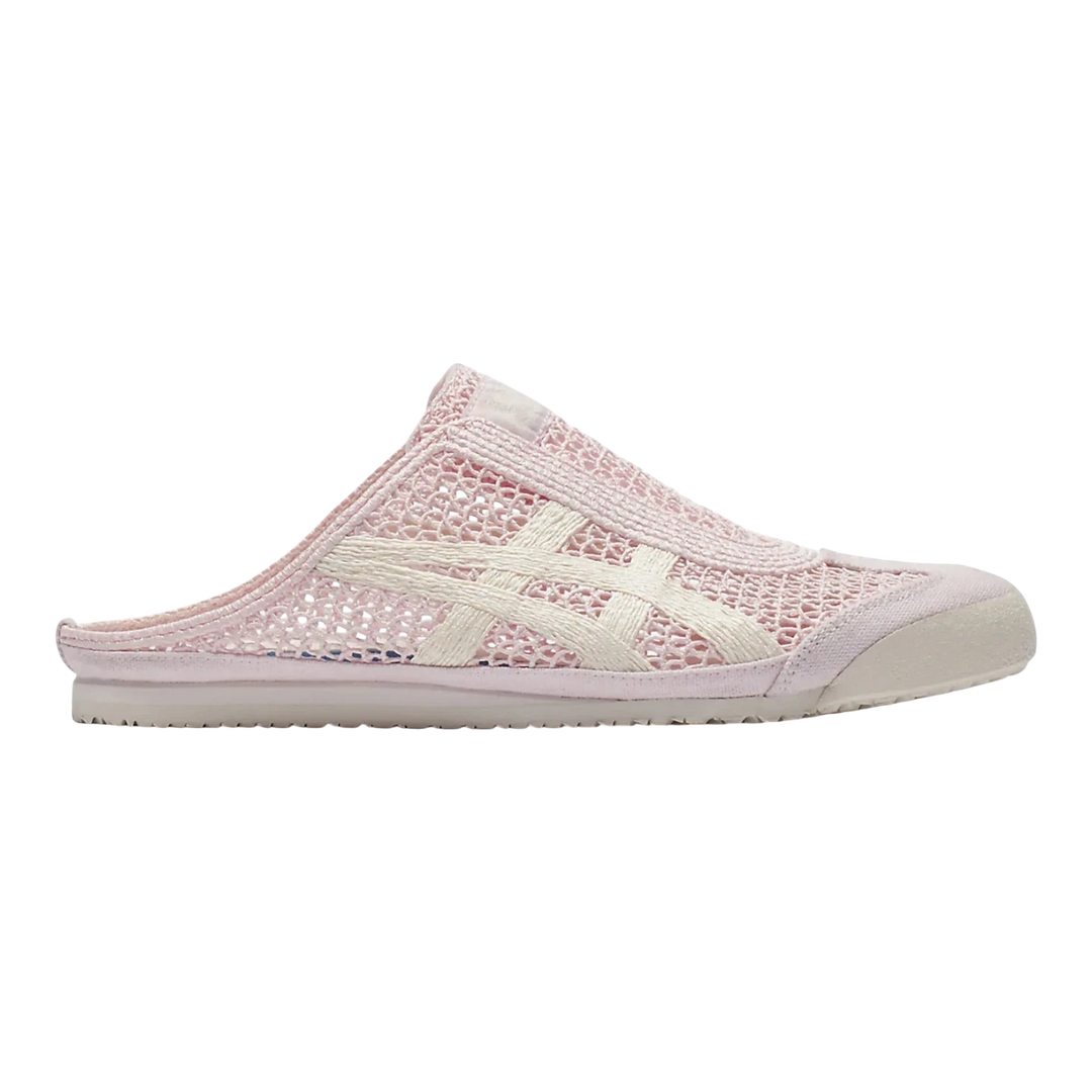 HypeSelection women's Onitsuka Tiger Mexico 66 Sabot mule in crystal pink with cream Tiger Stripes. Slip-on design, breathable mesh upper.