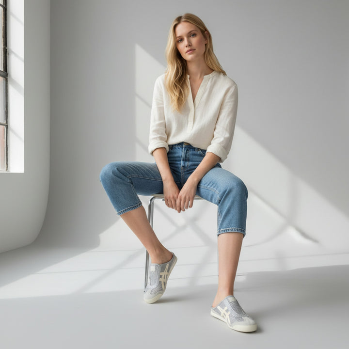 HypeSelection Onitsuka Tiger Mexico 66 Sabot Pure Silver Cream backless mule sneakers with cream stripes and mesh upper.