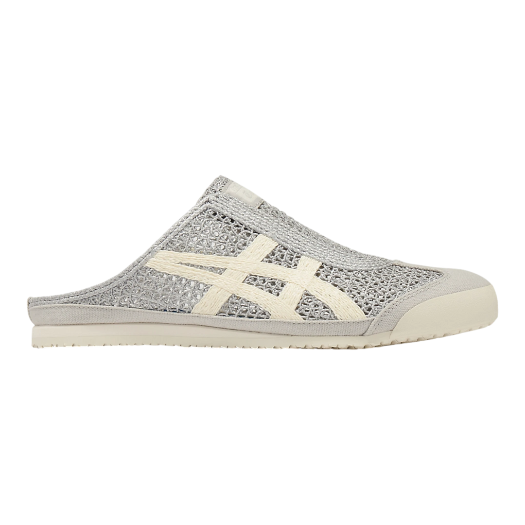 HypeSelection Onitsuka Tiger Mexico 66 Sabot Pure Silver Cream mesh mule sneakers with cream stripes and rubber sole.