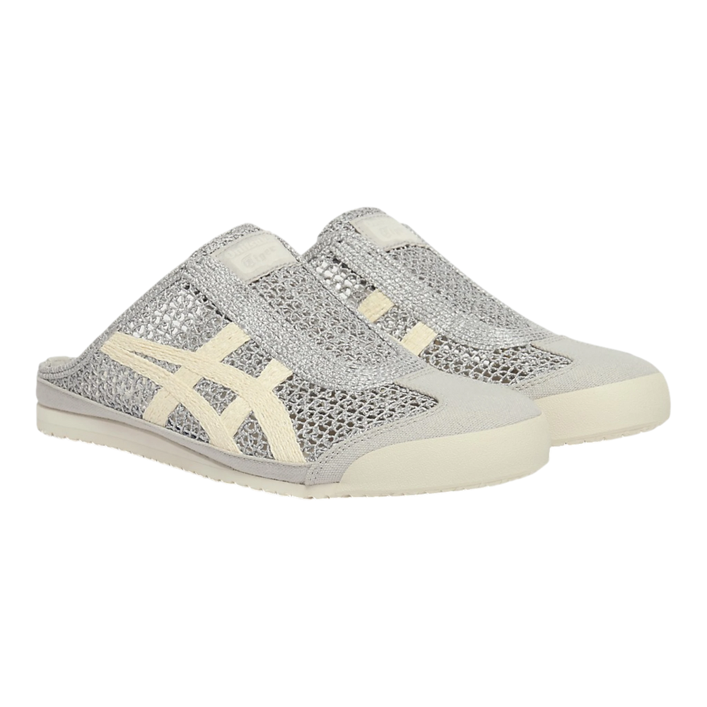 HypeSelection Onitsuka Tiger Mexico 66 Sabot Pure Silver Cream backless mule sneakers with silver mesh upper and cream stripes.