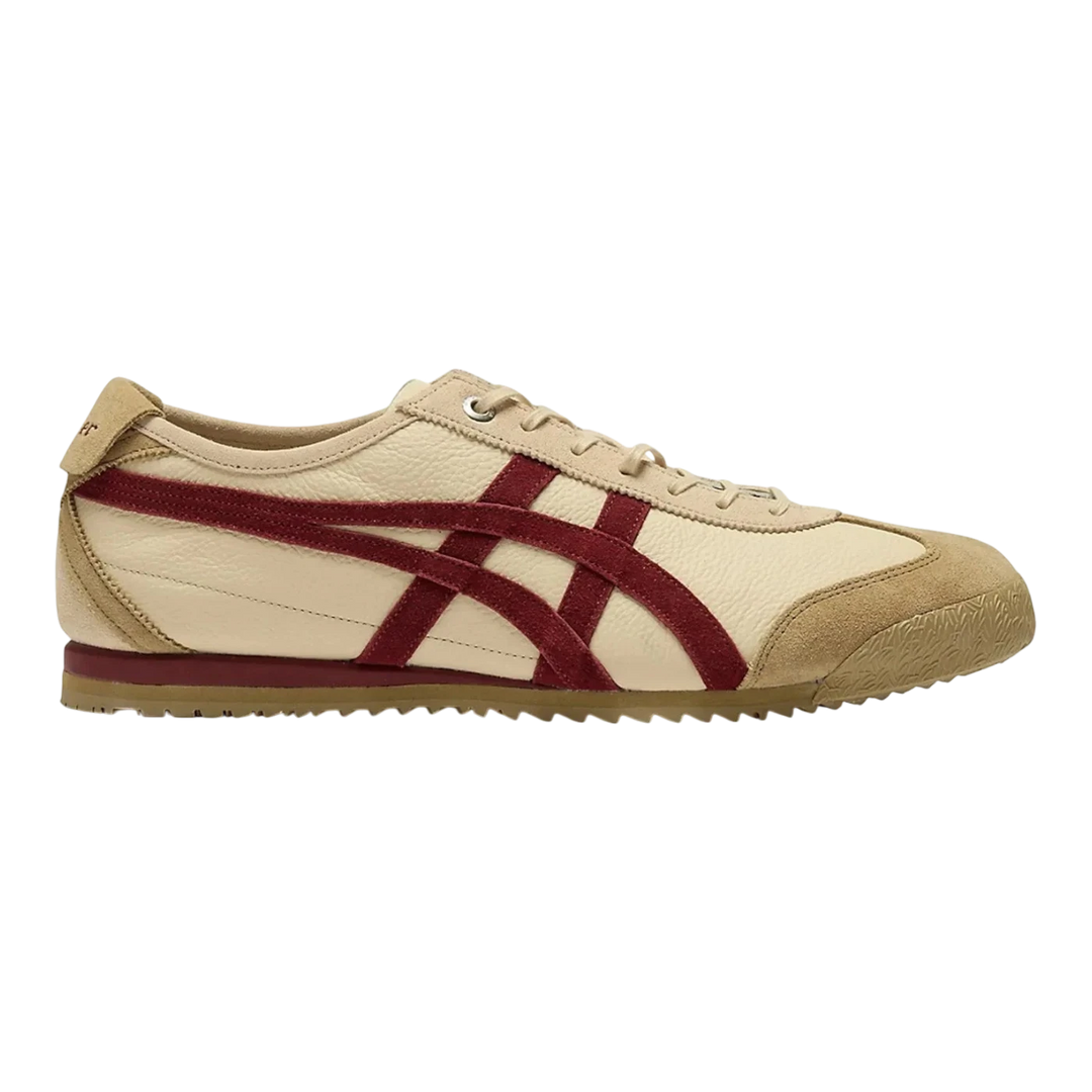 Onitsuka Tiger Mexico 66 SD beige leather sneakers with beet juice stripes and suede accents.