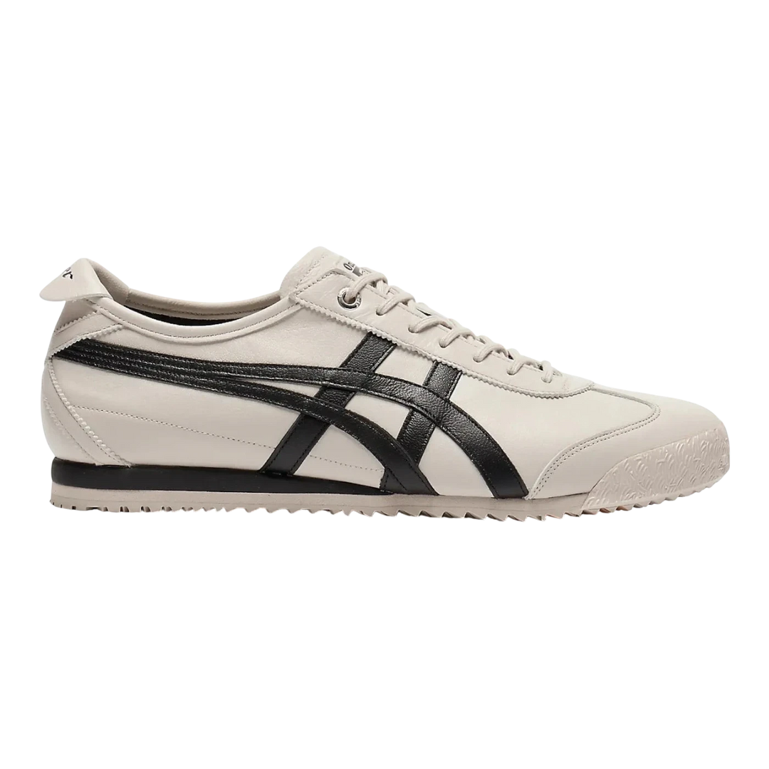 Onitsuka Tiger Mexico 66 SD warm beige leather sneakers with black stripes and a slim silhouette.