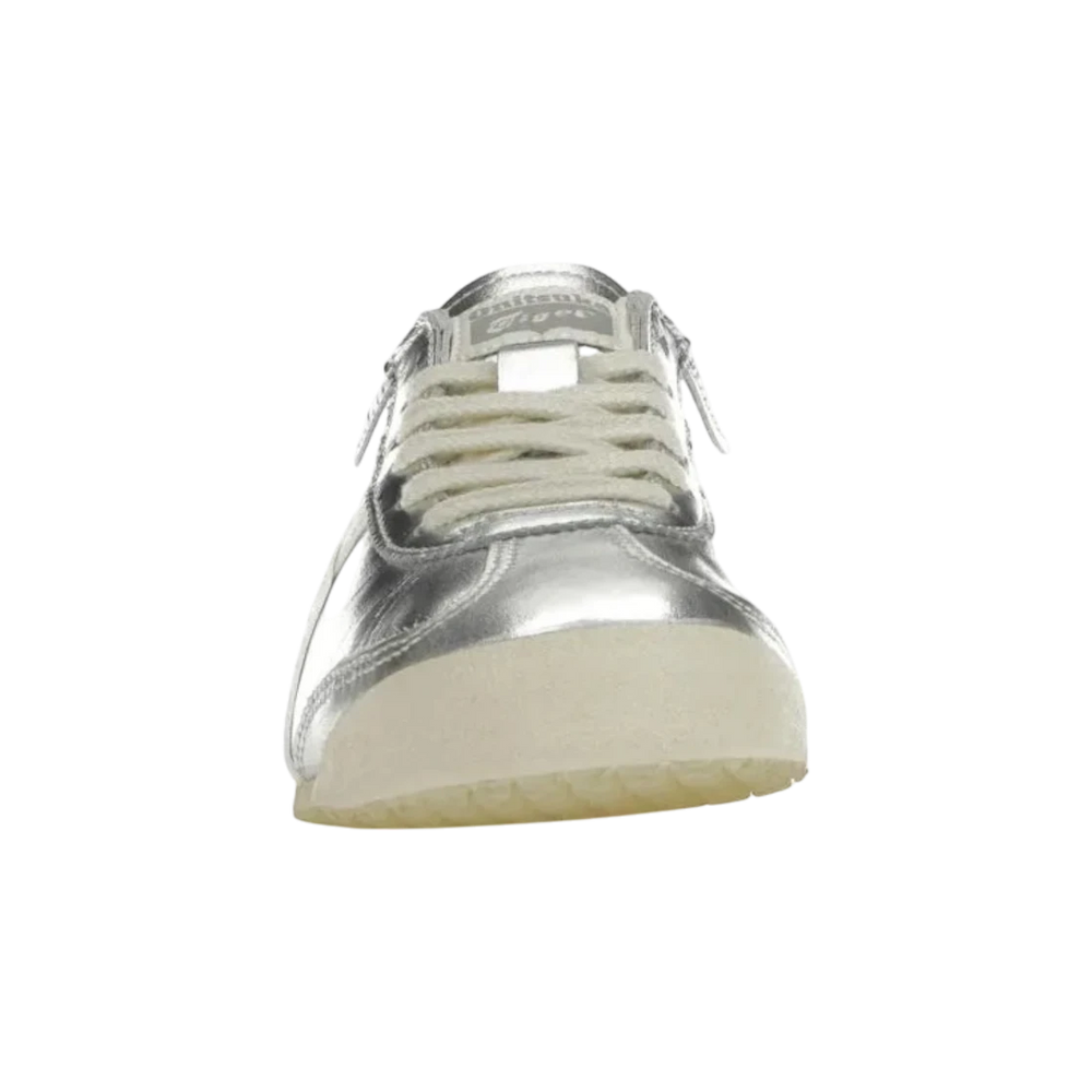 HypeSelection Onitsuka Tiger Mexico 66 silver and off-white leather sneakers with lace-up closure and low-profile design.