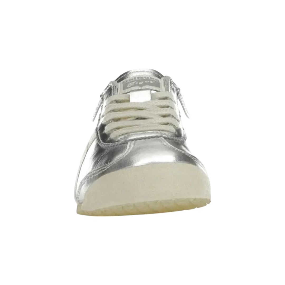 HypeSelection Onitsuka Tiger Mexico 66 silver and off-white leather sneakers with lace-up closure and low-profile design.