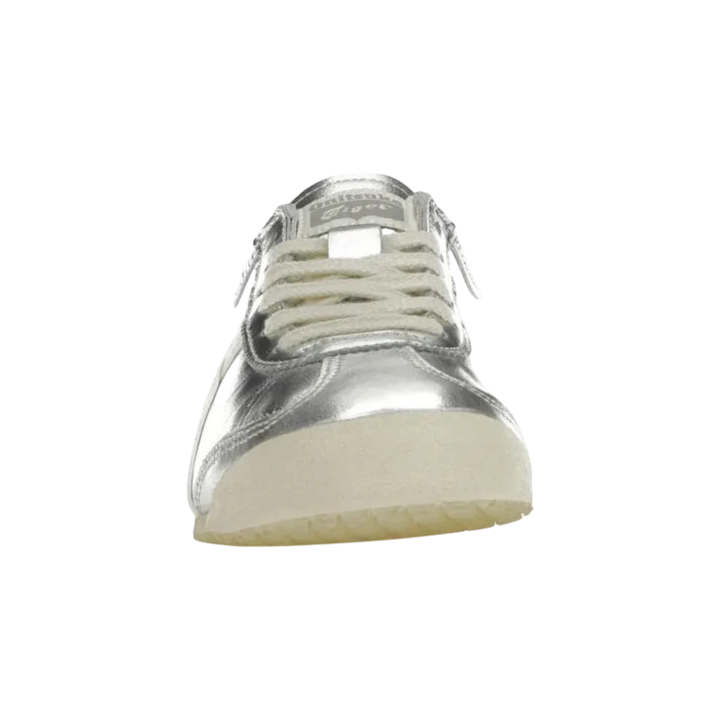 HypeSelection Onitsuka Tiger Mexico 66 silver and off-white leather sneakers with lace-up closure and low-profile design.