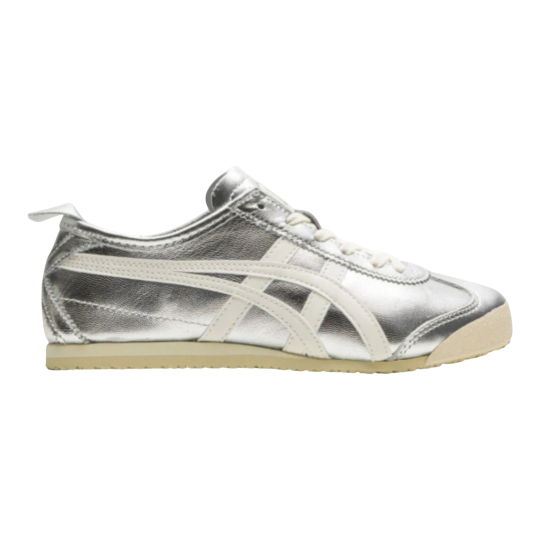 HypeSelection Onitsuka Tiger Mexico 66 silver and off-white leather sneakers with signature stripes and low-profile design.