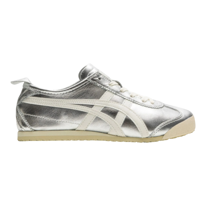 HypeSelection Onitsuka Tiger Mexico 66 silver and off-white leather sneakers with signature stripes and low-profile design.