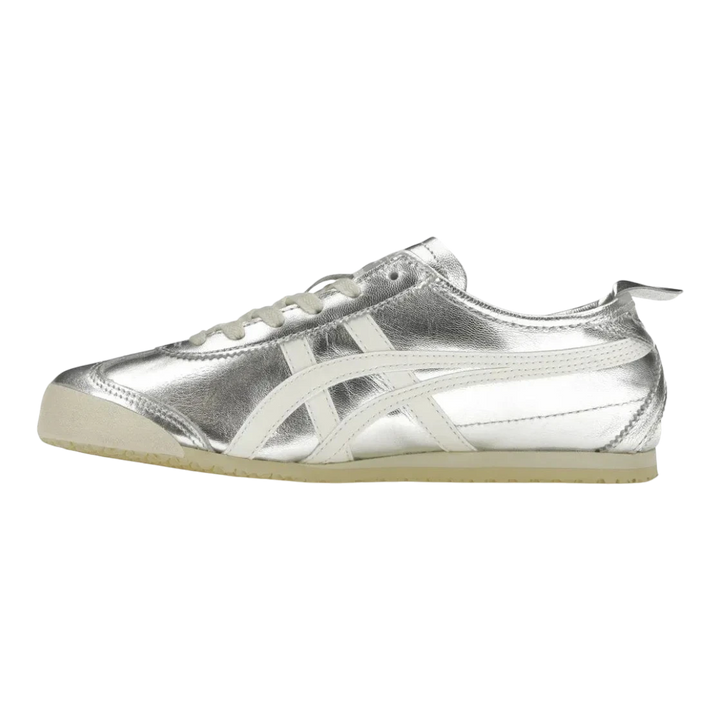 HypeSelection Onitsuka Tiger Mexico 66 silver and off-white leather sneakers with signature stripes and a low-profile shape.