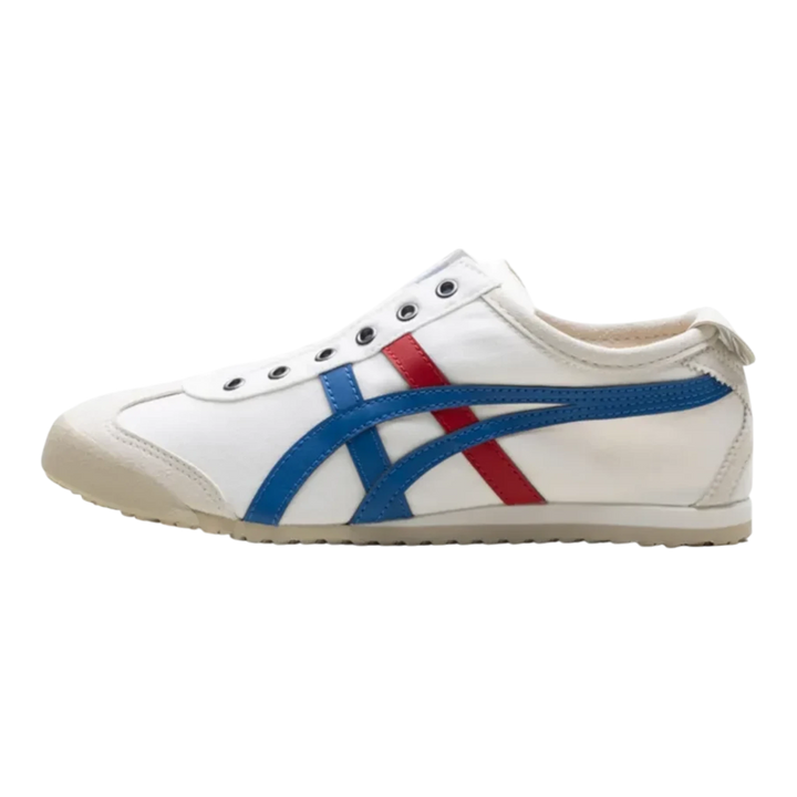 HypeSelection Onitsuka Tiger Mexico 66 slip-on sneaker in white canvas with blue and red signature side stripes.