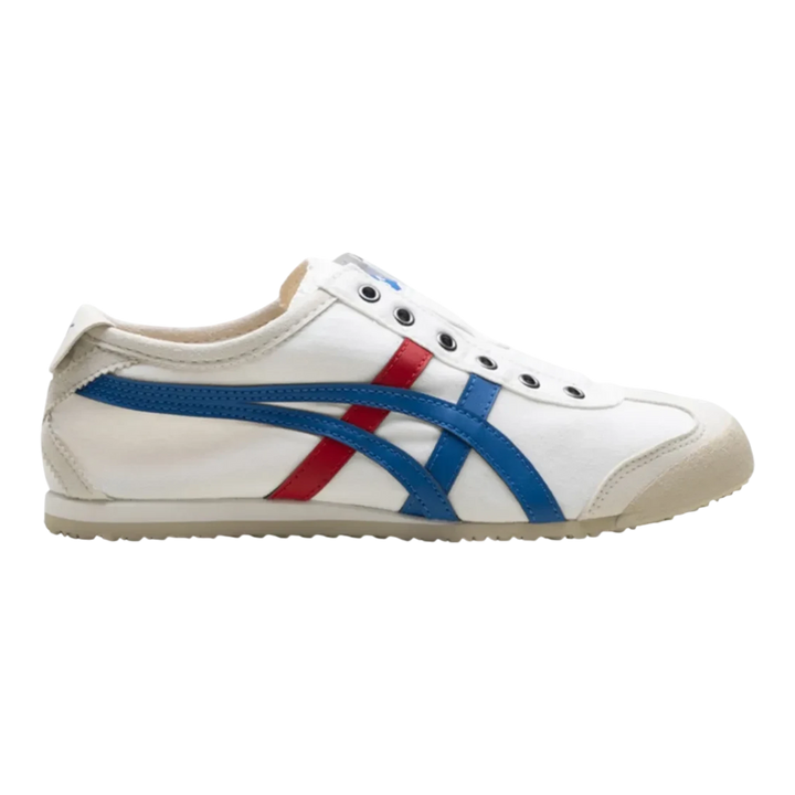HypeSelection Onitsuka Tiger Mexico 66 slip-on sneakers in white canvas with blue and red signature side stripes.