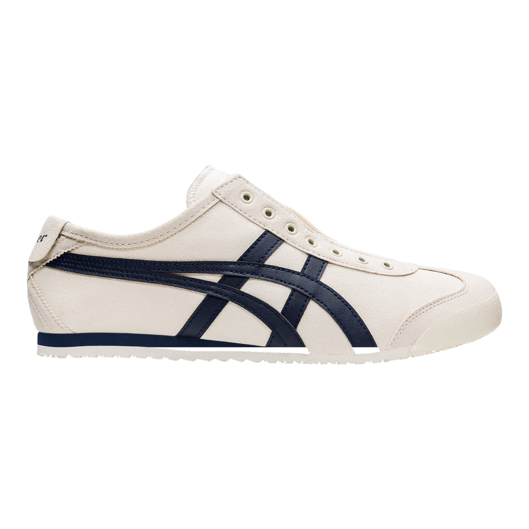HypeSelection Onitsuka Tiger Mexico 66 slip-on sneaker in birch canvas with midnight blue signature side stripes.