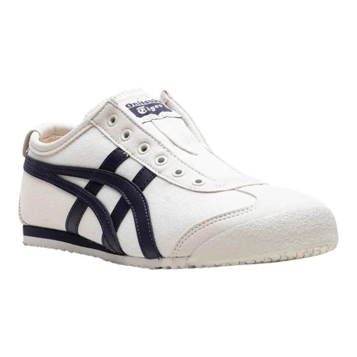 HypeSelection Onitsuka Tiger Mexico 66 slip-on sneaker in birch canvas with midnight blue signature side stripes.