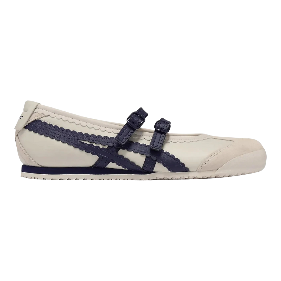 Onitsuka Tiger Mexico 66 TGRS women's ballet flat sneaker hybrid in birch beige with navy blue scalloped trim and buckle straps.