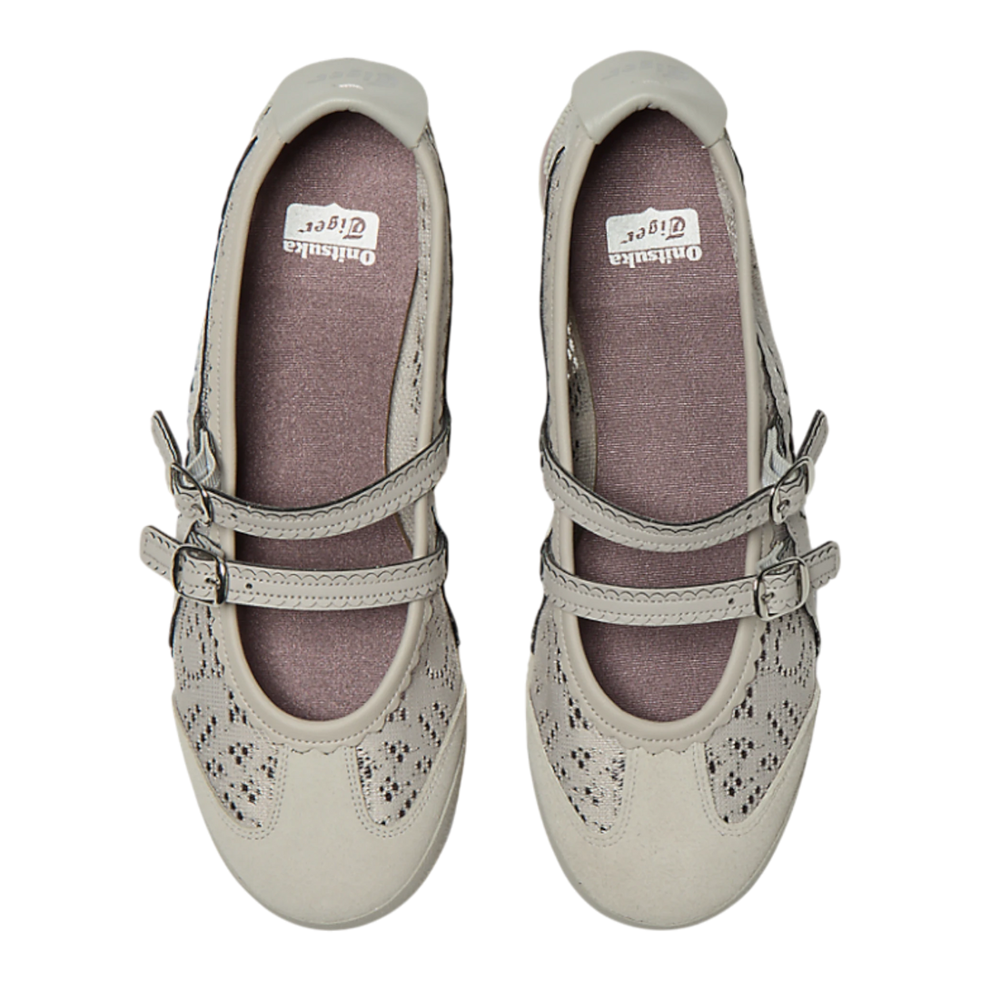 HypeSelection Onitsuka Tiger Mexico 66 TGRS ballet sneakers in oyster grey with double buckle straps and lace detail.