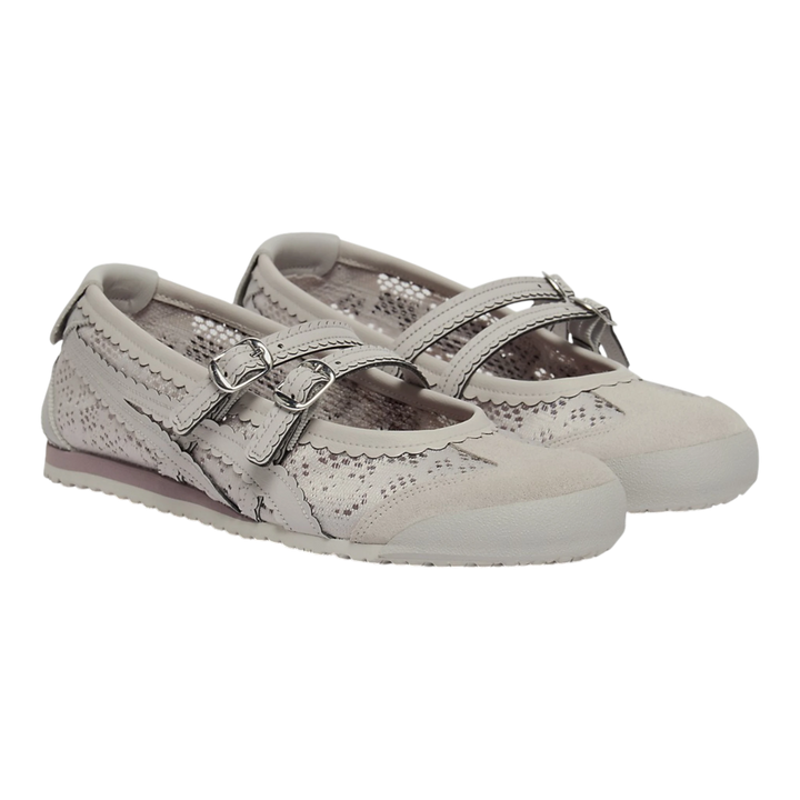 HypeSelection Onitsuka Tiger Mexico 66 TGRS ballet-style sneakers in oyster grey with buckle straps and lace detailing.