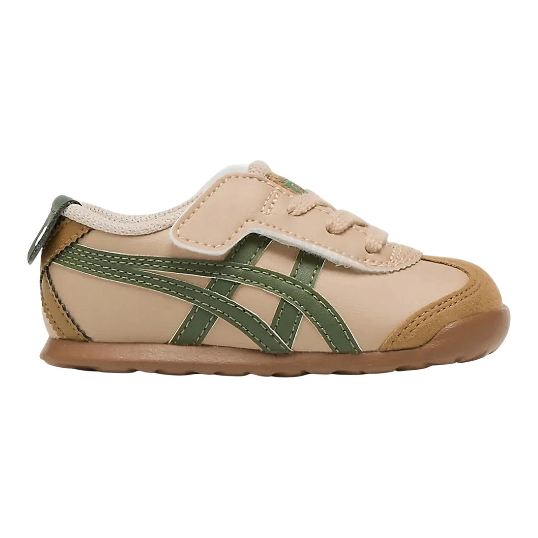 HypeSelection Onitsuka Tiger Mexico 66 toddler shoes in beige with green stripes. Low-top, leather, rubber sole.