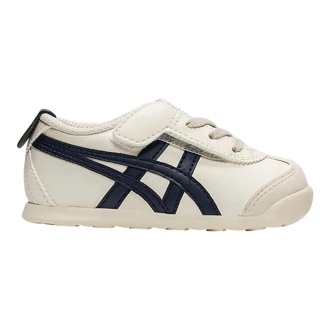 HypeSelection Onitsuka Tiger Mexico 66 toddler shoes in birch with navy blue stripes and laces, featuring Velcro closure.