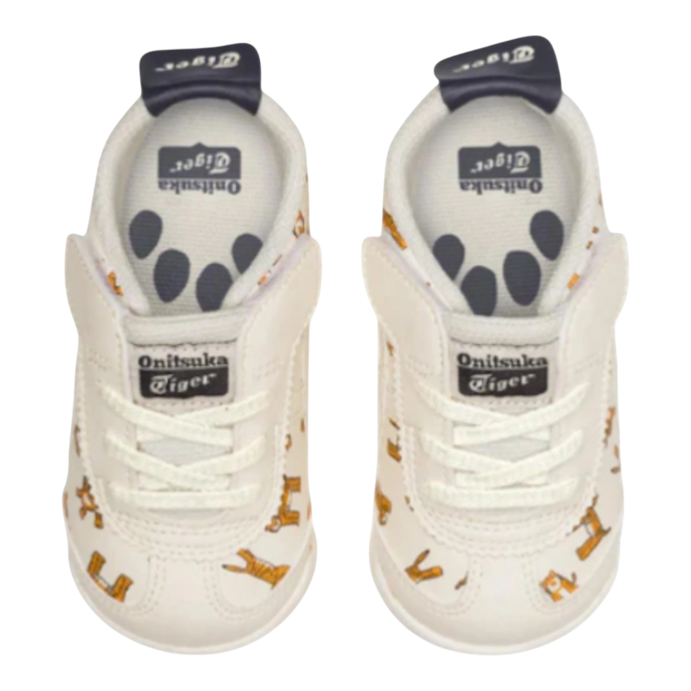 HypeSelection Onitsuka Tiger Mexico 66 toddler sneakers in Tiger Cream. White leather with playful tiger graphics and signature stripes.