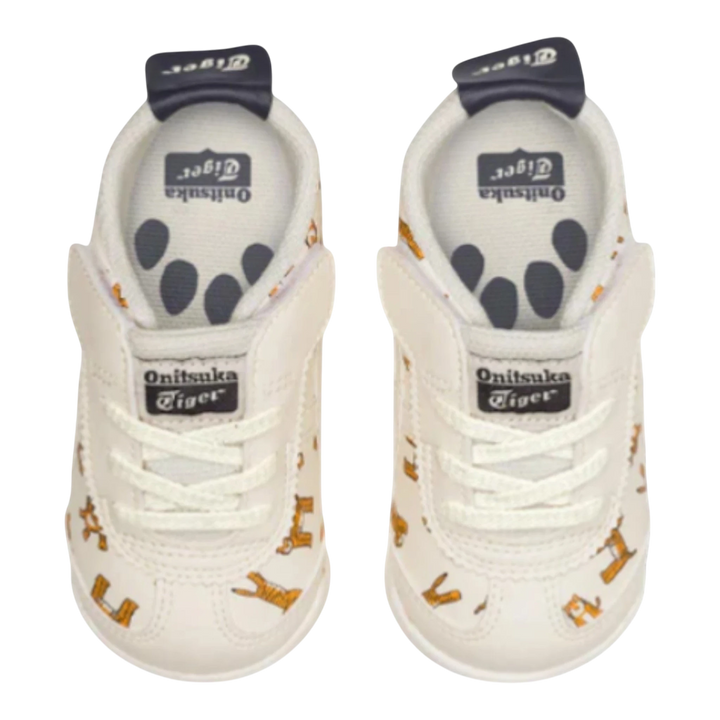 HypeSelection Onitsuka Tiger Mexico 66 toddler sneakers in Tiger Cream. White leather with playful tiger graphics and signature stripes.