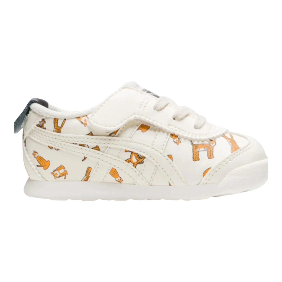 HypeSelection Onitsuka Tiger Mexico 66 toddler sneakers in cream with playful tiger print, leather upper, and rubber sole.