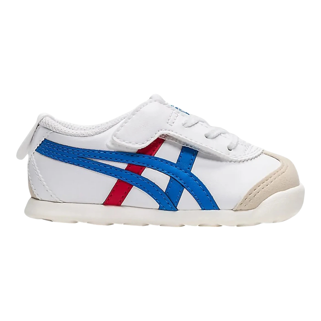 HypeSelection Onitsuka Tiger Mexico 66 toddler shoes in white with blue and red stripes, featuring a hook-and-loop strap.