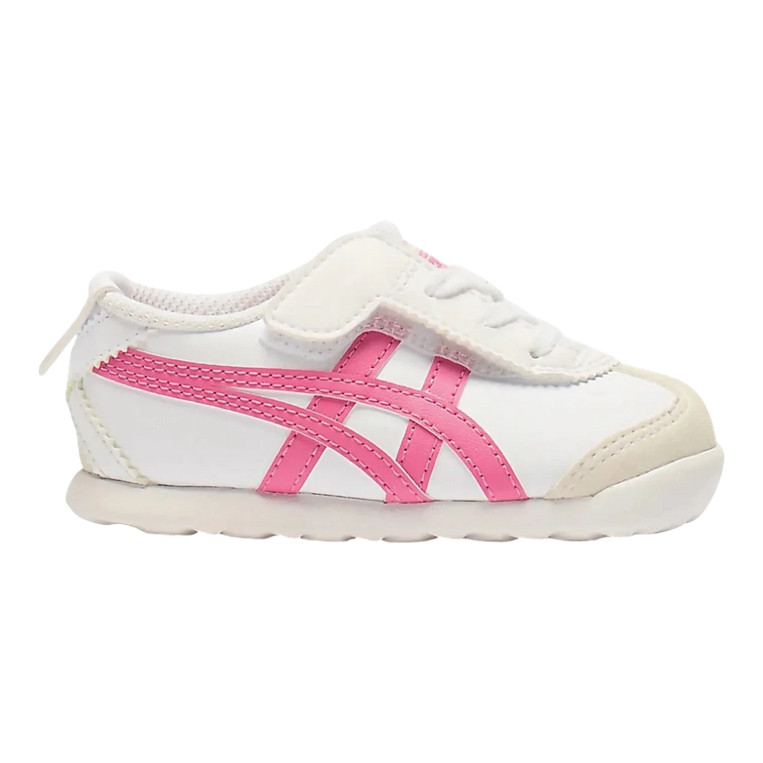 HypeSelection Onitsuka Tiger Mexico 66 toddler shoes in white with pink Dragon Fruit stripes and hook-and-loop closure.